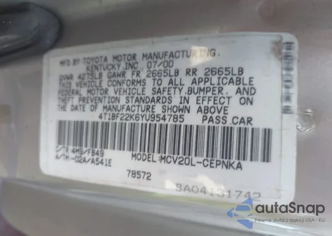 2000 Toyota Camry Le V6 z USA, uszkodzony, nr VIN 4T1BF22K6YU954785